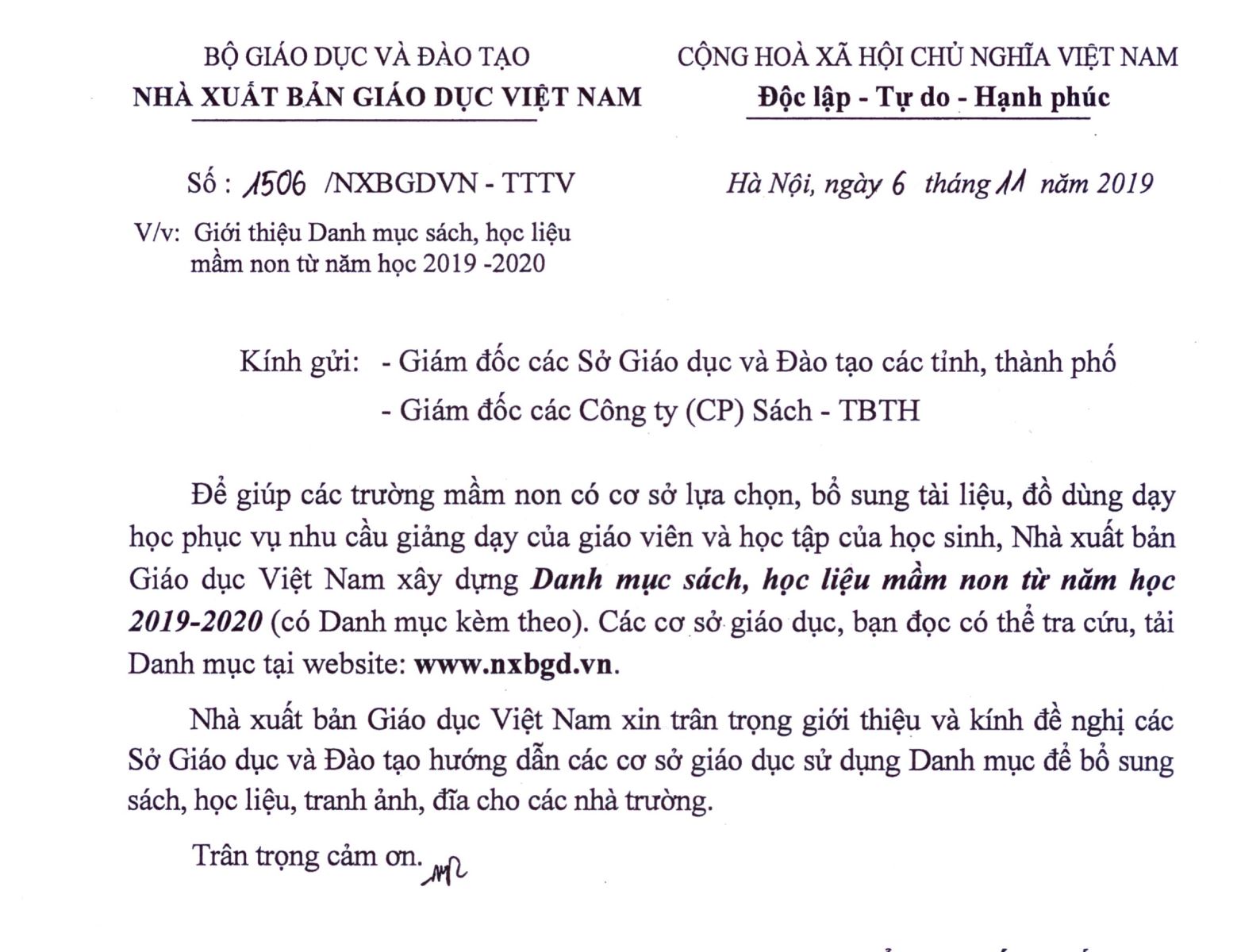 Danh mục sách, học liệu mầm non từ năm học 2019-2020