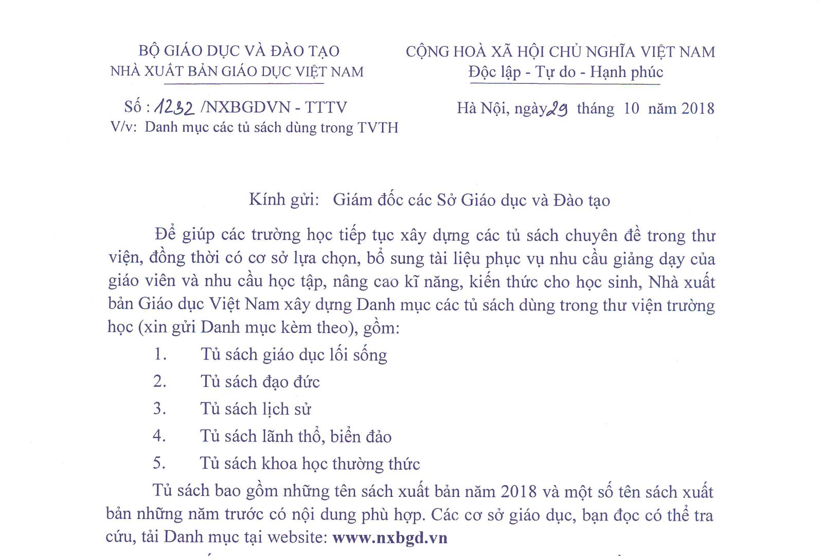 Danh mục các tủ sách dùng trong TVTH từ năm học 2018-2019